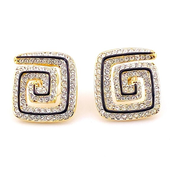 Swarovski Earrings Signed Square Spiral Pavê Crystal Black Enamel Swan Mark Post - Picture 3 of 7